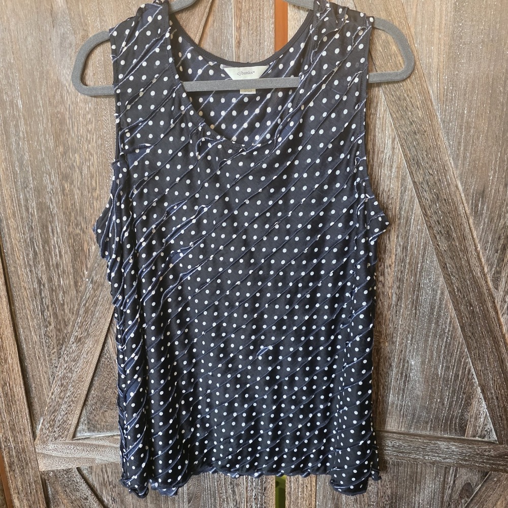 CJ‎ Banks Shirt Women's Size 1X Navy Blue & White Polka Dots Ruffles Sheer